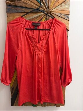 Dana Buchman Bright Coral Red Pintuck Peasant Blouse